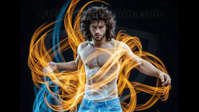 Abstract Male Art, AI photos of handsome shirtless men dancing with Light Rays, colorful art in motion. Guys dancing with radiant light rays that wrap around his body in flowing patterns, emphasizing his movements and adding a sense of ethereal fluidity. The designs appear weightless and almost sculptural, creates a striking contrast against the backgrounds making him the center of a cosmic dance, with energy and elegance. AI-generated abstract art HD photos featuring handsome, sexy, shirtless, men, boys, lads, dancing with colorful light rays, dynamic, interactive. Combining elements of realism with surreal abstract qualities, showcasing the potential of AI in artistic expression.