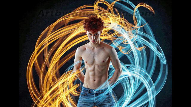 Abstract Male Art, AI photos of handsome shirtless men dancing with Light Rays, colorful art in motion. Guys dancing with radiant light rays that wrap around his body in flowing patterns, emphasizing his movements and adding a sense of ethereal fluidity. The designs appear weightless and almost sculptural, creates a striking contrast against the backgrounds making him the center of a cosmic dance, with energy and elegance. AI-generated abstract art HD photos featuring handsome, sexy, shirtless, men, boys, lads, dancing with colorful light rays, dynamic, interactive. Combining elements of realism with surreal abstract qualities, showcasing the potential of AI in artistic expression.
