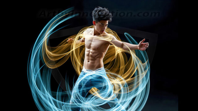 Abstract Male Art, AI photos of handsome shirtless men dancing with Light Rays, colorful art in motion. Guys dancing with radiant light rays that wrap around his body in flowing patterns, emphasizing his movements and adding a sense of ethereal fluidity. The designs appear weightless and almost sculptural, creates a striking contrast against the backgrounds making him the center of a cosmic dance, with energy and elegance. AI-generated abstract art HD photos featuring handsome, sexy, shirtless, men, boys, lads, dancing with colorful light rays, dynamic, interactive. Combining elements of realism with surreal abstract qualities, showcasing the potential of AI in artistic expression.