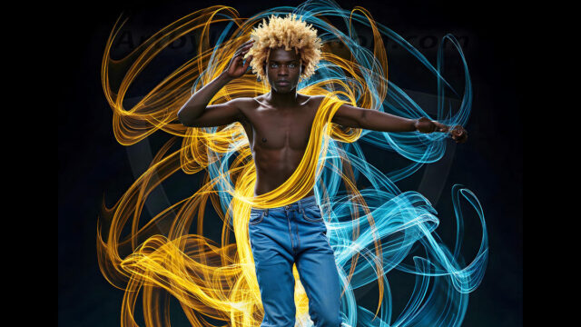 Abstract Male Art, AI photos of handsome shirtless men dancing with Light Rays, colorful art in motion. Guys dancing with radiant light rays that wrap around his body in flowing patterns, emphasizing his movements and adding a sense of ethereal fluidity. The designs appear weightless and almost sculptural, creates a striking contrast against the backgrounds making him the center of a cosmic dance, with energy and elegance. AI-generated abstract art HD photos featuring handsome, sexy, shirtless, men, boys, lads, dancing with colorful light rays, dynamic, interactive. Combining elements of realism with surreal abstract qualities, showcasing the potential of AI in artistic expression.