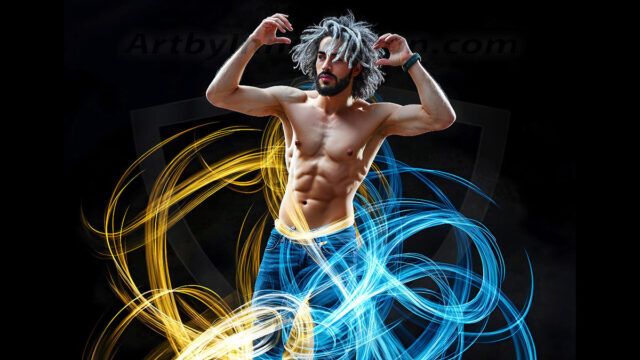 Abstract Male Art, AI photos of handsome shirtless men dancing with Light Rays, colorful art in motion. Guys dancing with radiant light rays that wrap around his body in flowing patterns, emphasizing his movements and adding a sense of ethereal fluidity. The designs appear weightless and almost sculptural, creates a striking contrast against the backgrounds making him the center of a cosmic dance, with energy and elegance. AI-generated abstract art HD photos featuring handsome, sexy, shirtless, men, boys, lads, dancing with colorful light rays, dynamic, interactive. Combining elements of realism with surreal abstract qualities, showcasing the potential of AI in artistic expression.