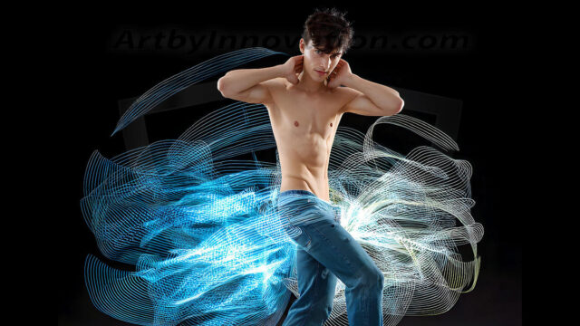 Abstract Male Art, AI photos of handsome shirtless men dancing with Light Rays, colorful art in motion. Guys dancing with radiant light rays that wrap around his body in flowing patterns, emphasizing his movements and adding a sense of ethereal fluidity. The designs appear weightless and almost sculptural, creates a striking contrast against the backgrounds making him the center of a cosmic dance, with energy and elegance. AI-generated abstract art HD photos featuring handsome, sexy, shirtless, men, boys, lads, dancing with colorful light rays, dynamic, interactive. Combining elements of realism with surreal abstract qualities, showcasing the potential of AI in artistic expression.