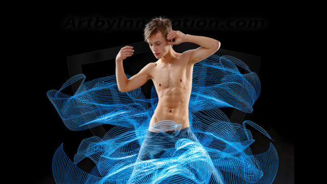Abstract Male Art, AI photos of handsome shirtless men dancing with Light Rays, colorful art in motion. Guys dancing with radiant light rays that wrap around his body in flowing patterns, emphasizing his movements and adding a sense of ethereal fluidity. The designs appear weightless and almost sculptural, creates a striking contrast against the backgrounds making him the center of a cosmic dance, with energy and elegance. AI-generated abstract art HD photos featuring handsome, sexy, shirtless, men, boys, lads, dancing with colorful light rays, dynamic, interactive. Combining elements of realism with surreal abstract qualities, showcasing the potential of AI in artistic expression.