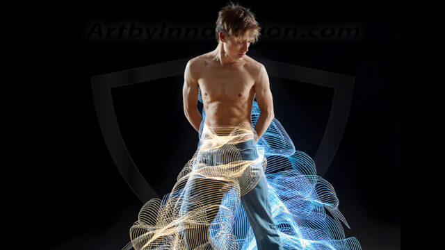 Abstract Male Art, AI photos of handsome shirtless men dancing with Light Rays, colorful art in motion. Guys dancing with radiant light rays that wrap around his body in flowing patterns, emphasizing his movements and adding a sense of ethereal fluidity. The designs appear weightless and almost sculptural, creates a striking contrast against the backgrounds making him the center of a cosmic dance, with energy and elegance. AI-generated abstract art HD photos featuring handsome, sexy, shirtless, men, boys, lads, dancing with colorful light rays, dynamic, interactive. Combining elements of realism with surreal abstract qualities, showcasing the potential of AI in artistic expression.