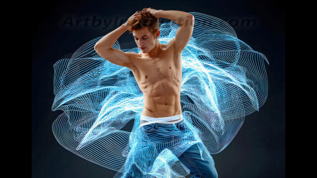 Abstract Male Art, AI photos of handsome shirtless men dancing with Light Rays, colorful art in motion. Guys dancing with radiant light rays that wrap around his body in flowing patterns, emphasizing his movements and adding a sense of ethereal fluidity. The designs appear weightless and almost sculptural, creates a striking contrast against the backgrounds making him the center of a cosmic dance, with energy and elegance. AI-generated abstract art HD photos featuring handsome, sexy, shirtless, men, boys, lads, dancing with colorful light rays, dynamic, interactive. Combining elements of realism with surreal abstract qualities, showcasing the potential of AI in artistic expression.