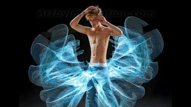 Abstract Male Art, AI photos of handsome shirtless men dancing with Light Rays, colorful art in motion. Guys dancing with radiant light rays that wrap around his body in flowing patterns, emphasizing his movements and adding a sense of ethereal fluidity. The designs appear weightless and almost sculptural, creates a striking contrast against the backgrounds making him the center of a cosmic dance, with energy and elegance. AI-generated abstract art HD photos featuring handsome, sexy, shirtless, men, boys, lads, dancing with colorful light rays, dynamic, interactive. Combining elements of realism with surreal abstract qualities, showcasing the potential of AI in artistic expression.