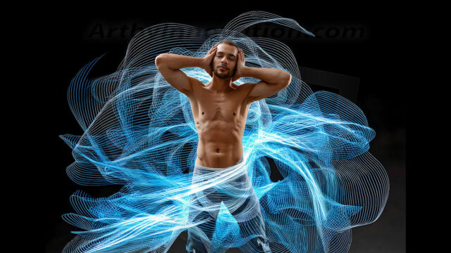 Abstract Male Art, AI photos of handsome shirtless men dancing with Light Rays, colorful art in motion. Guys dancing with radiant light rays that wrap around his body in flowing patterns, emphasizing his movements and adding a sense of ethereal fluidity. The designs appear weightless and almost sculptural, creates a striking contrast against the backgrounds making him the center of a cosmic dance, with energy and elegance. AI-generated abstract art HD photos featuring handsome, sexy, shirtless, men, boys, lads, dancing with colorful light rays, dynamic, interactive. Combining elements of realism with surreal abstract qualities, showcasing the potential of AI in artistic expression.