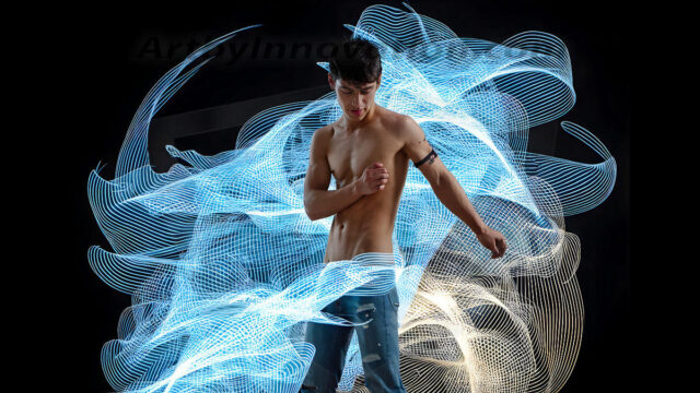 Abstract Male Art, AI photos of handsome shirtless men dancing with Light Rays, colorful art in motion. Guys dancing with radiant light rays that wrap around his body in flowing patterns, emphasizing his movements and adding a sense of ethereal fluidity. The designs appear weightless and almost sculptural, creates a striking contrast against the backgrounds making him the center of a cosmic dance, with energy and elegance. AI-generated abstract art HD photos featuring handsome, sexy, shirtless, men, boys, lads, dancing with colorful light rays, dynamic, interactive. Combining elements of realism with surreal abstract qualities, showcasing the potential of AI in artistic expression.