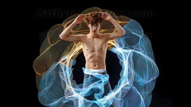 Abstract Male Art, AI photos of handsome shirtless men dancing with Light Rays, colorful art in motion. Guys dancing with radiant light rays that wrap around his body in flowing patterns, emphasizing his movements and adding a sense of ethereal fluidity. The designs appear weightless and almost sculptural, creates a striking contrast against the backgrounds making him the center of a cosmic dance, with energy and elegance. AI-generated abstract art HD photos featuring handsome, sexy, shirtless, men, boys, lads, dancing with colorful light rays, dynamic, interactive. Combining elements of realism with surreal abstract qualities, showcasing the potential of AI in artistic expression.