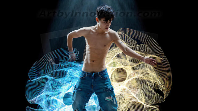 Abstract Male Art, AI photos of handsome shirtless men dancing with Light Rays, colorful art in motion. Guys dancing with radiant light rays that wrap around his body in flowing patterns, emphasizing his movements and adding a sense of ethereal fluidity. The designs appear weightless and almost sculptural, creates a striking contrast against the backgrounds making him the center of a cosmic dance, with energy and elegance. AI-generated abstract art HD photos featuring handsome, sexy, shirtless, men, boys, lads, dancing with colorful light rays, dynamic, interactive. Combining elements of realism with surreal abstract qualities, showcasing the potential of AI in artistic expression.