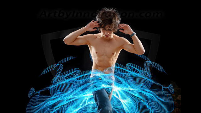 Abstract Male Art, AI photos of handsome shirtless men dancing with Light Rays, colorful art in motion. Guys dancing with radiant light rays that wrap around his body in flowing patterns, emphasizing his movements and adding a sense of ethereal fluidity. The designs appear weightless and almost sculptural, creates a striking contrast against the backgrounds making him the center of a cosmic dance, with energy and elegance. AI-generated abstract art HD photos featuring handsome, sexy, shirtless, men, boys, lads, dancing with colorful light rays, dynamic, interactive. Combining elements of realism with surreal abstract qualities, showcasing the potential of AI in artistic expression.