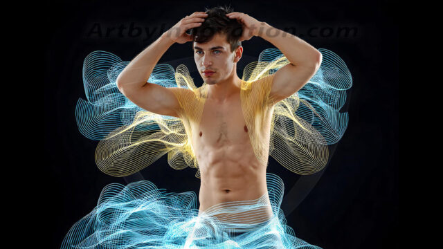Abstract Male Art, AI photos of handsome shirtless men dancing with Light Rays, colorful art in motion. Guys dancing with radiant light rays that wrap around his body in flowing patterns, emphasizing his movements and adding a sense of ethereal fluidity. The designs appear weightless and almost sculptural, creates a striking contrast against the backgrounds making him the center of a cosmic dance, with energy and elegance. AI-generated abstract art HD photos featuring handsome, sexy, shirtless, men, boys, lads, dancing with colorful light rays, dynamic, interactive. Combining elements of realism with surreal abstract qualities, showcasing the potential of AI in artistic expression.