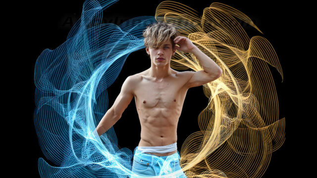 Abstract Male Art, AI photos of handsome shirtless men dancing with Light Rays, colorful art in motion. Guys dancing with radiant light rays that wrap around his body in flowing patterns, emphasizing his movements and adding a sense of ethereal fluidity. The designs appear weightless and almost sculptural, creates a striking contrast against the backgrounds making him the center of a cosmic dance, with energy and elegance. AI-generated abstract art HD photos featuring handsome, sexy, shirtless, men, boys, lads, dancing with colorful light rays, dynamic, interactive. Combining elements of realism with surreal abstract qualities, showcasing the potential of AI in artistic expression.