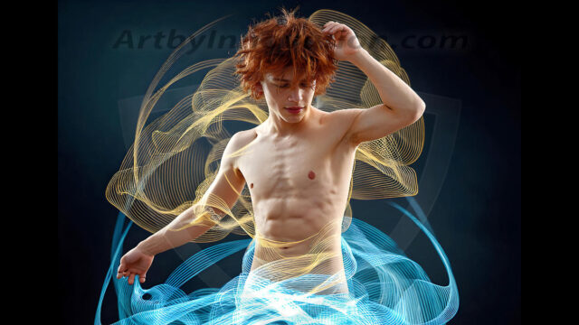 Abstract Male Art, AI photos of handsome shirtless men dancing with Light Rays, colorful art in motion. Guys dancing with radiant light rays that wrap around his body in flowing patterns, emphasizing his movements and adding a sense of ethereal fluidity. The designs appear weightless and almost sculptural, creates a striking contrast against the backgrounds making him the center of a cosmic dance, with energy and elegance. AI-generated abstract art HD photos featuring handsome, sexy, shirtless, men, boys, lads, dancing with colorful light rays, dynamic, interactive. Combining elements of realism with surreal abstract qualities, showcasing the potential of AI in artistic expression.
