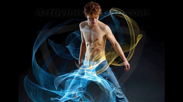 Abstract Male Art, AI photos of handsome shirtless men dancing with Light Rays, colorful art in motion. Guys dancing with radiant light rays that wrap around his body in flowing patterns, emphasizing his movements and adding a sense of ethereal fluidity. The designs appear weightless and almost sculptural, creates a striking contrast against the backgrounds making him the center of a cosmic dance, with energy and elegance. AI-generated abstract art HD photos featuring handsome, sexy, shirtless, men, boys, lads, dancing with colorful light rays, dynamic, interactive. Combining elements of realism with surreal abstract qualities, showcasing the potential of AI in artistic expression.