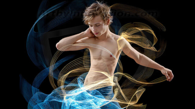 Abstract Male Art, AI photos of handsome shirtless men dancing with Light Rays, colorful art in motion. Guys dancing with radiant light rays that wrap around his body in flowing patterns, emphasizing his movements and adding a sense of ethereal fluidity. The designs appear weightless and almost sculptural, creates a striking contrast against the backgrounds making him the center of a cosmic dance, with energy and elegance. AI-generated abstract art HD photos featuring handsome, sexy, shirtless, men, boys, lads, dancing with colorful light rays, dynamic, interactive. Combining elements of realism with surreal abstract qualities, showcasing the potential of AI in artistic expression.