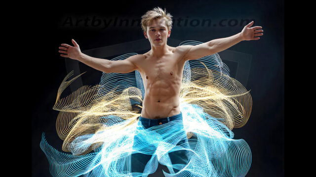 Abstract Male Art, AI photos of handsome shirtless men dancing with Light Rays, colorful art in motion. Guys dancing with radiant light rays that wrap around his body in flowing patterns, emphasizing his movements and adding a sense of ethereal fluidity. The designs appear weightless and almost sculptural, creates a striking contrast against the backgrounds making him the center of a cosmic dance, with energy and elegance. AI-generated abstract art HD photos featuring handsome, sexy, shirtless, men, boys, lads, dancing with colorful light rays, dynamic, interactive. Combining elements of realism with surreal abstract qualities, showcasing the potential of AI in artistic expression.