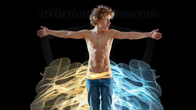 Abstract Male Art, AI photos of handsome shirtless men dancing with Light Rays, colorful art in motion. Guys dancing with radiant light rays that wrap around his body in flowing patterns, emphasizing his movements and adding a sense of ethereal fluidity. The designs appear weightless and almost sculptural, creates a striking contrast against the backgrounds making him the center of a cosmic dance, with energy and elegance. AI-generated abstract art HD photos featuring handsome, sexy, shirtless, men, boys, lads, dancing with colorful light rays, dynamic, interactive. Combining elements of realism with surreal abstract qualities, showcasing the potential of AI in artistic expression.
