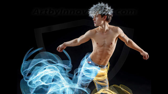 Abstract Male Art, AI photos of handsome shirtless men dancing with Light Rays, colorful art in motion. Guys dancing with radiant light rays that wrap around his body in flowing patterns, emphasizing his movements and adding a sense of ethereal fluidity. The designs appear weightless and almost sculptural, creates a striking contrast against the backgrounds making him the center of a cosmic dance, with energy and elegance. AI-generated abstract art HD photos featuring handsome, sexy, shirtless, men, boys, lads, dancing with colorful light rays, dynamic, interactive. Combining elements of realism with surreal abstract qualities, showcasing the potential of AI in artistic expression.