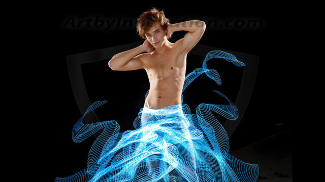 Abstract Male Art, AI photos of handsome shirtless men dancing with Light Rays, colorful art in motion. Guys dancing with radiant light rays that wrap around his body in flowing patterns, emphasizing his movements and adding a sense of ethereal fluidity. The designs appear weightless and almost sculptural, creates a striking contrast against the backgrounds making him the center of a cosmic dance, with energy and elegance. AI-generated abstract art HD photos featuring handsome, sexy, shirtless, men, boys, lads, dancing with colorful light rays, dynamic, interactive. Combining elements of realism with surreal abstract qualities, showcasing the potential of AI in artistic expression.