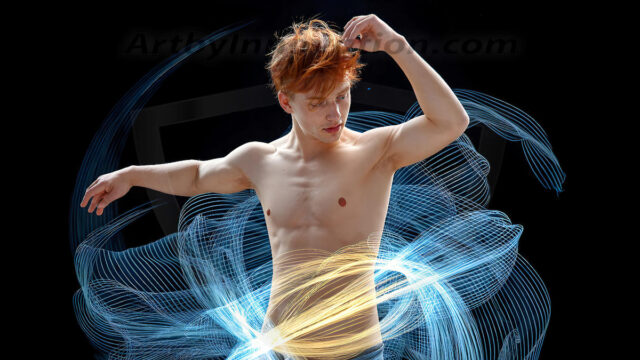 Abstract Male Art, AI photos of handsome shirtless men dancing with Light Rays, colorful art in motion. Guys dancing with radiant light rays that wrap around his body in flowing patterns, emphasizing his movements and adding a sense of ethereal fluidity. The designs appear weightless and almost sculptural, creates a striking contrast against the backgrounds making him the center of a cosmic dance, with energy and elegance. AI-generated abstract art HD photos featuring handsome, sexy, shirtless, men, boys, lads, dancing with colorful light rays, dynamic, interactive. Combining elements of realism with surreal abstract qualities, showcasing the potential of AI in artistic expression.