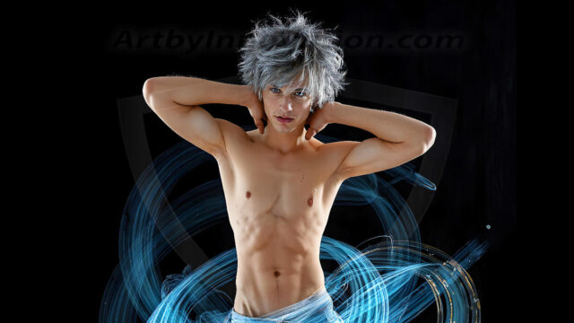 Abstract Male Art, AI photos of handsome shirtless men dancing with Light Rays, colorful art in motion. Guys dancing with radiant light rays that wrap around his body in flowing patterns, emphasizing his movements and adding a sense of ethereal fluidity. The designs appear weightless and almost sculptural, creates a striking contrast against the backgrounds making him the center of a cosmic dance, with energy and elegance. AI-generated abstract art HD photos featuring handsome, sexy, shirtless, men, boys, lads, dancing with colorful light rays, dynamic, interactive. Combining elements of realism with surreal abstract qualities, showcasing the potential of AI in artistic expression.