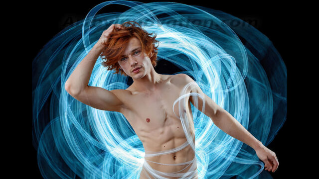 Abstract Male Art, AI photos of handsome shirtless men dancing with Light Rays, colorful art in motion. Guys dancing with radiant light rays that wrap around his body in flowing patterns, emphasizing his movements and adding a sense of ethereal fluidity. The designs appear weightless and almost sculptural, creates a striking contrast against the backgrounds making him the center of a cosmic dance, with energy and elegance. AI-generated abstract art HD photos featuring handsome, sexy, shirtless, men, boys, lads, dancing with colorful light rays, dynamic, interactive. Combining elements of realism with surreal abstract qualities, showcasing the potential of AI in artistic expression.