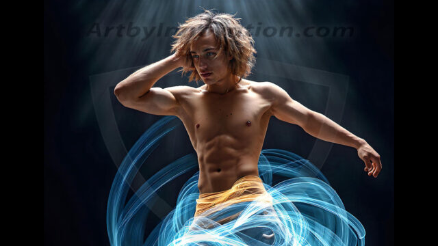 Abstract Male Art, AI photos of handsome shirtless men dancing with Light Rays, colorful art in motion. Guys dancing with radiant light rays that wrap around his body in flowing patterns, emphasizing his movements and adding a sense of ethereal fluidity. The designs appear weightless and almost sculptural, creates a striking contrast against the backgrounds making him the center of a cosmic dance, with energy and elegance. AI-generated abstract art HD photos featuring handsome, sexy, shirtless, men, boys, lads, dancing with colorful light rays, dynamic, interactive. Combining elements of realism with surreal abstract qualities, showcasing the potential of AI in artistic expression.
