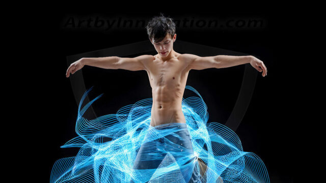Abstract Male Art, AI photos of handsome shirtless men dancing with Light Rays, colorful art in motion. Guys dancing with radiant light rays that wrap around his body in flowing patterns, emphasizing his movements and adding a sense of ethereal fluidity. The designs appear weightless and almost sculptural, creates a striking contrast against the backgrounds making him the center of a cosmic dance, with energy and elegance. AI-generated abstract art HD photos featuring handsome, sexy, shirtless, men, boys, lads, dancing with colorful light rays, dynamic, interactive. Combining elements of realism with surreal abstract qualities, showcasing the potential of AI in artistic expression.