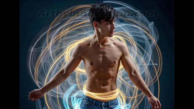 Abstract Male Art, AI photos of handsome shirtless men dancing with Light Rays, colorful art in motion. Guys dancing with radiant light rays that wrap around his body in flowing patterns, emphasizing his movements and adding a sense of ethereal fluidity. The designs appear weightless and almost sculptural, creates a striking contrast against the backgrounds making him the center of a cosmic dance, with energy and elegance. AI-generated abstract art HD photos featuring handsome, sexy, shirtless, men, boys, lads, dancing with colorful light rays, dynamic, interactive. Combining elements of realism with surreal abstract qualities, showcasing the potential of AI in artistic expression.