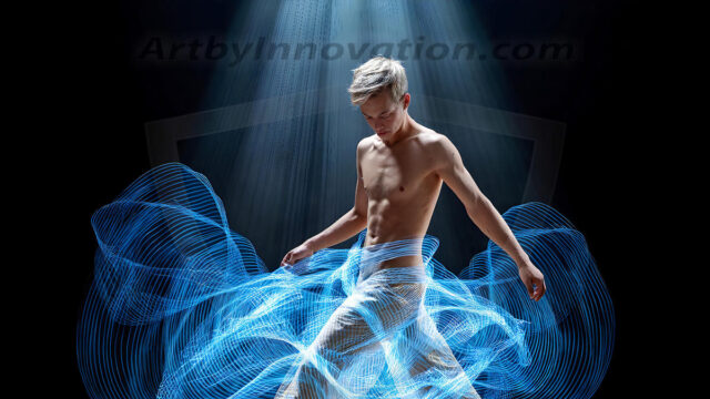 Abstract Male Art, AI photos of handsome shirtless men dancing with Light Rays, colorful art in motion. Guys dancing with radiant light rays that wrap around his body in flowing patterns, emphasizing his movements and adding a sense of ethereal fluidity. The designs appear weightless and almost sculptural, creates a striking contrast against the backgrounds making him the center of a cosmic dance, with energy and elegance. AI-generated abstract art HD photos featuring handsome, sexy, shirtless, men, boys, lads, dancing with colorful light rays, dynamic, interactive. Combining elements of realism with surreal abstract qualities, showcasing the potential of AI in artistic expression.