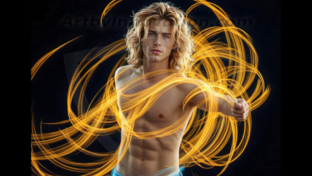 Abstract Male Art, AI photos of handsome shirtless men dancing with Light Rays, colorful art in motion. Guys dancing with radiant light rays that wrap around his body in flowing patterns, emphasizing his movements and adding a sense of ethereal fluidity. The designs appear weightless and almost sculptural, creates a striking contrast against the backgrounds making him the center of a cosmic dance, with energy and elegance. AI-generated abstract art HD photos featuring handsome, sexy, shirtless, men, boys, lads, dancing with colorful light rays, dynamic, interactive. Combining elements of realism with surreal abstract qualities, showcasing the potential of AI in artistic expression.