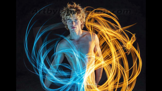 Abstract Male Art, AI photos of handsome shirtless men dancing with Light Rays, colorful art in motion. Guys dancing with radiant light rays that wrap around his body in flowing patterns, emphasizing his movements and adding a sense of ethereal fluidity. The designs appear weightless and almost sculptural, creates a striking contrast against the backgrounds making him the center of a cosmic dance, with energy and elegance. AI-generated abstract art HD photos featuring handsome, sexy, shirtless, men, boys, lads, dancing with colorful light rays, dynamic, interactive. Combining elements of realism with surreal abstract qualities, showcasing the potential of AI in artistic expression.