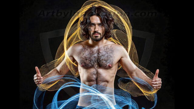 Abstract Male Art, AI photos of handsome shirtless men dancing with Light Rays, colorful art in motion. Guys dancing with radiant light rays that wrap around his body in flowing patterns, emphasizing his movements and adding a sense of ethereal fluidity. The designs appear weightless and almost sculptural, creates a striking contrast against the backgrounds making him the center of a cosmic dance, with energy and elegance. AI-generated abstract art HD photos featuring handsome, sexy, shirtless, men, boys, lads, dancing with colorful light rays, dynamic, interactive. Combining elements of realism with surreal abstract qualities, showcasing the potential of AI in artistic expression.