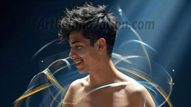 Abstract Male Art, AI photos of handsome shirtless men dancing with Light Rays, colorful art in motion. Guys dancing with radiant light rays that wrap around his body in flowing patterns, emphasizing his movements and adding a sense of ethereal fluidity. The designs appear weightless and almost sculptural, creates a striking contrast against the backgrounds making him the center of a cosmic dance, with energy and elegance. AI-generated abstract art HD photos featuring handsome, sexy, shirtless, men, boys, lads, dancing with colorful light rays, dynamic, interactive. Combining elements of realism with surreal abstract qualities, showcasing the potential of AI in artistic expression.