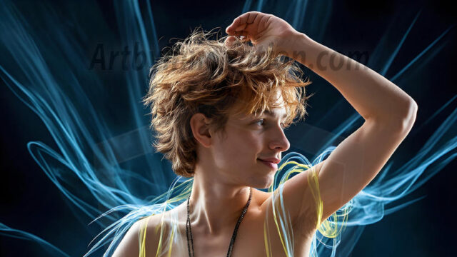 Abstract Male Art, AI photos of handsome shirtless men dancing with Light Rays, colorful art in motion. Guys dancing with radiant light rays that wrap around his body in flowing patterns, emphasizing his movements and adding a sense of ethereal fluidity. The designs appear weightless and almost sculptural, creates a striking contrast against the backgrounds making him the center of a cosmic dance, with energy and elegance. AI-generated abstract art HD photos featuring handsome, sexy, shirtless, men, boys, lads, dancing with colorful light rays, dynamic, interactive. Combining elements of realism with surreal abstract qualities, showcasing the potential of AI in artistic expression.