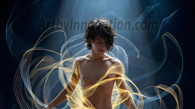 Abstract Male Art, AI photos of handsome shirtless men dancing with Light Rays, colorful art in motion. Guys dancing with radiant light rays that wrap around his body in flowing patterns, emphasizing his movements and adding a sense of ethereal fluidity. The designs appear weightless and almost sculptural, creates a striking contrast against the backgrounds making him the center of a cosmic dance, with energy and elegance. AI-generated abstract art HD photos featuring handsome, sexy, shirtless, men, boys, lads, dancing with colorful light rays, dynamic, interactive. Combining elements of realism with surreal abstract qualities, showcasing the potential of AI in artistic expression.