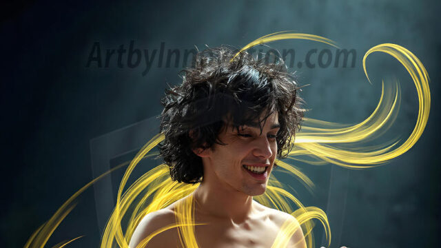 Abstract Male Art, AI photos of handsome shirtless men dancing with Light Rays, colorful art in motion. Guys dancing with radiant light rays that wrap around his body in flowing patterns, emphasizing his movements and adding a sense of ethereal fluidity. The designs appear weightless and almost sculptural, creates a striking contrast against the backgrounds making him the center of a cosmic dance, with energy and elegance. AI-generated abstract art HD photos featuring handsome, sexy, shirtless, men, boys, lads, dancing with colorful light rays, dynamic, interactive. Combining elements of realism with surreal abstract qualities, showcasing the potential of AI in artistic expression.