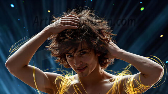 Abstract Male Art, AI photos of handsome shirtless men dancing with Light Rays, colorful art in motion. Guys dancing with radiant light rays that wrap around his body in flowing patterns, emphasizing his movements and adding a sense of ethereal fluidity. The designs appear weightless and almost sculptural, creates a striking contrast against the backgrounds making him the center of a cosmic dance, with energy and elegance. AI-generated abstract art HD photos featuring handsome, sexy, shirtless, men, boys, lads, dancing with colorful light rays, dynamic, interactive. Combining elements of realism with surreal abstract qualities, showcasing the potential of AI in artistic expression.