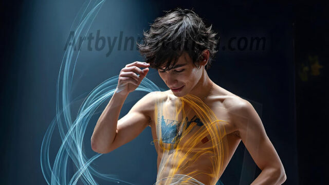 Abstract Male Art, AI photos of handsome shirtless men dancing with Light Rays, colorful art in motion. Guys dancing with radiant light rays that wrap around his body in flowing patterns, emphasizing his movements and adding a sense of ethereal fluidity. The designs appear weightless and almost sculptural, creates a striking contrast against the backgrounds making him the center of a cosmic dance, with energy and elegance. AI-generated abstract art HD photos featuring handsome, sexy, shirtless, men, boys, lads, dancing with colorful light rays, dynamic, interactive. Combining elements of realism with surreal abstract qualities, showcasing the potential of AI in artistic expression.