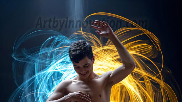 Abstract Male Art, AI photos of handsome shirtless men dancing with Light Rays, colorful art in motion. Guys dancing with radiant light rays that wrap around his body in flowing patterns, emphasizing his movements and adding a sense of ethereal fluidity. The designs appear weightless and almost sculptural, creates a striking contrast against the backgrounds making him the center of a cosmic dance, with energy and elegance. AI-generated abstract art HD photos featuring handsome, sexy, shirtless, men, boys, lads, dancing with colorful light rays, dynamic, interactive. Combining elements of realism with surreal abstract qualities, showcasing the potential of AI in artistic expression.