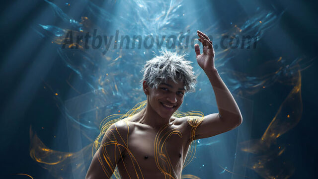 Abstract Male Art, AI photos of handsome shirtless men dancing with Light Rays, colorful art in motion. Guys dancing with radiant light rays that wrap around his body in flowing patterns, emphasizing his movements and adding a sense of ethereal fluidity. The designs appear weightless and almost sculptural, creates a striking contrast against the backgrounds making him the center of a cosmic dance, with energy and elegance. AI-generated abstract art HD photos featuring handsome, sexy, shirtless, men, boys, lads, dancing with colorful light rays, dynamic, interactive. Combining elements of realism with surreal abstract qualities, showcasing the potential of AI in artistic expression.