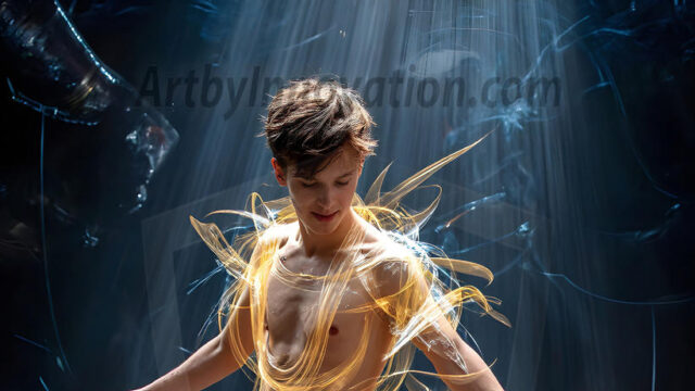 Abstract Male Art, AI photos of handsome shirtless men dancing with Light Rays, colorful art in motion. Guys dancing with radiant light rays that wrap around his body in flowing patterns, emphasizing his movements and adding a sense of ethereal fluidity. The designs appear weightless and almost sculptural, creates a striking contrast against the backgrounds making him the center of a cosmic dance, with energy and elegance. AI-generated abstract art HD photos featuring handsome, sexy, shirtless, men, boys, lads, dancing with colorful light rays, dynamic, interactive. Combining elements of realism with surreal abstract qualities, showcasing the potential of AI in artistic expression.