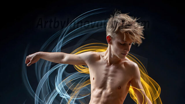 Abstract Male Art, AI photos of handsome shirtless men dancing with Light Rays, colorful art in motion. Guys dancing with radiant light rays that wrap around his body in flowing patterns, emphasizing his movements and adding a sense of ethereal fluidity. The designs appear weightless and almost sculptural, creates a striking contrast against the backgrounds making him the center of a cosmic dance, with energy and elegance. AI-generated abstract art HD photos featuring handsome, sexy, shirtless, men, boys, lads, dancing with colorful light rays, dynamic, interactive. Combining elements of realism with surreal abstract qualities, showcasing the potential of AI in artistic expression.