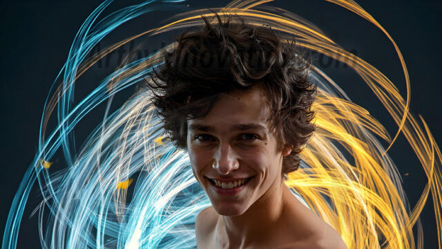 Abstract Male Art, AI photos of handsome shirtless men dancing with Light Rays, colorful art in motion. Guys dancing with radiant light rays that wrap around his body in flowing patterns, emphasizing his movements and adding a sense of ethereal fluidity. The designs appear weightless and almost sculptural, creates a striking contrast against the backgrounds making him the center of a cosmic dance, with energy and elegance. AI-generated abstract art HD photos featuring handsome, sexy, shirtless, men, boys, lads, dancing with colorful light rays, dynamic, interactive. Combining elements of realism with surreal abstract qualities, showcasing the potential of AI in artistic expression.