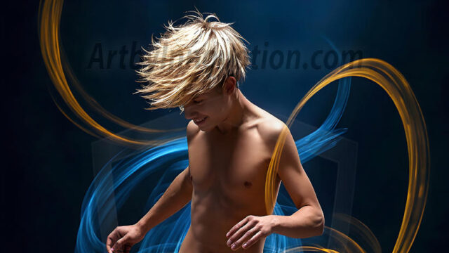 Abstract Male Art, AI photos of handsome shirtless men dancing with Light Rays, colorful art in motion. Guys dancing with radiant light rays that wrap around his body in flowing patterns, emphasizing his movements and adding a sense of ethereal fluidity. The designs appear weightless and almost sculptural, creates a striking contrast against the backgrounds making him the center of a cosmic dance, with energy and elegance. AI-generated abstract art HD photos featuring handsome, sexy, shirtless, men, boys, lads, dancing with colorful light rays, dynamic, interactive. Combining elements of realism with surreal abstract qualities, showcasing the potential of AI in artistic expression.