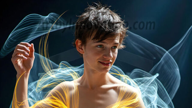 Abstract Male Art, AI photos of handsome shirtless men dancing with Light Rays, colorful art in motion. Guys dancing with radiant light rays that wrap around his body in flowing patterns, emphasizing his movements and adding a sense of ethereal fluidity. The designs appear weightless and almost sculptural, creates a striking contrast against the backgrounds making him the center of a cosmic dance, with energy and elegance. AI-generated abstract art HD photos featuring handsome, sexy, shirtless, men, boys, lads, dancing with colorful light rays, dynamic, interactive. Combining elements of realism with surreal abstract qualities, showcasing the potential of AI in artistic expression.