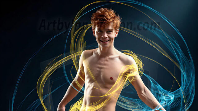 Abstract Male Art, AI photos of handsome shirtless men dancing with Light Rays, colorful art in motion. Guys dancing with radiant light rays that wrap around his body in flowing patterns, emphasizing his movements and adding a sense of ethereal fluidity. The designs appear weightless and almost sculptural, creates a striking contrast against the backgrounds making him the center of a cosmic dance, with energy and elegance. AI-generated abstract art HD photos featuring handsome, sexy, shirtless, men, boys, lads, dancing with colorful light rays, dynamic, interactive. Combining elements of realism with surreal abstract qualities, showcasing the potential of AI in artistic expression.