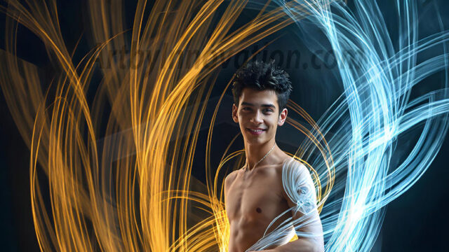 Abstract Male Art, AI photos of handsome shirtless men dancing with Light Rays, colorful art in motion. Guys dancing with radiant light rays that wrap around his body in flowing patterns, emphasizing his movements and adding a sense of ethereal fluidity. The designs appear weightless and almost sculptural, creates a striking contrast against the backgrounds making him the center of a cosmic dance, with energy and elegance. AI-generated abstract art HD photos featuring handsome, sexy, shirtless, men, boys, lads, dancing with colorful light rays, dynamic, interactive. Combining elements of realism with surreal abstract qualities, showcasing the potential of AI in artistic expression.