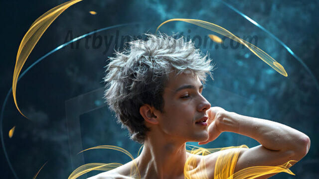 Abstract Male Art, AI photos of handsome shirtless men dancing with Light Rays, colorful art in motion. Guys dancing with radiant light rays that wrap around his body in flowing patterns, emphasizing his movements and adding a sense of ethereal fluidity. The designs appear weightless and almost sculptural, creates a striking contrast against the backgrounds making him the center of a cosmic dance, with energy and elegance. AI-generated abstract art HD photos featuring handsome, sexy, shirtless, men, boys, lads, dancing with colorful light rays, dynamic, interactive. Combining elements of realism with surreal abstract qualities, showcasing the potential of AI in artistic expression.